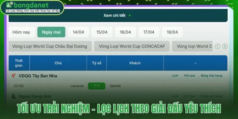 Bộ lọc lịch thi đấu theo giải đấu trải nghiệm cá nhân hóa thực sự